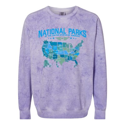 All U S National Parks Map Camping 80s Graphic Gift Colorblast Crewneck Sweatshirt