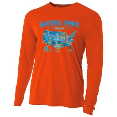 All U S National Parks Map Camping 80s Graphic Gift Cooling Performance Long Sleeve Crew