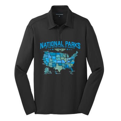 All U S National Parks Map Camping 80s Graphic Gift Silk Touch Performance Long Sleeve Polo