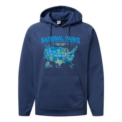 All U S National Parks Map Camping 80s Graphic Gift Performance Fleece Hoodie