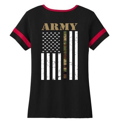 Army United States Thin Camo Line Flag Front And Back Ladies Halftime Notch Neck Tee