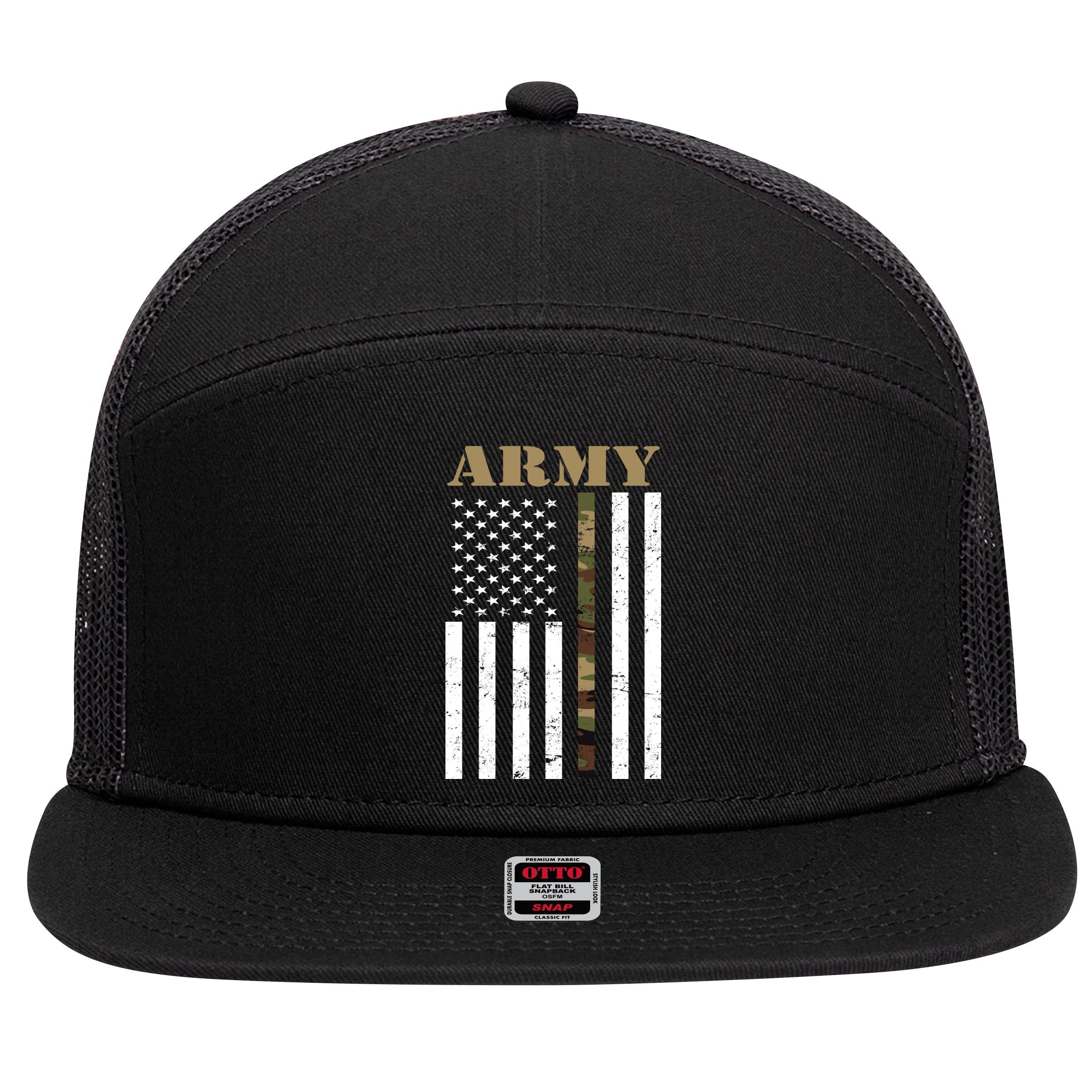 Army United States Thin Camo Line Flag Front And Back 7 Panel Mesh Trucker Snapback Hat