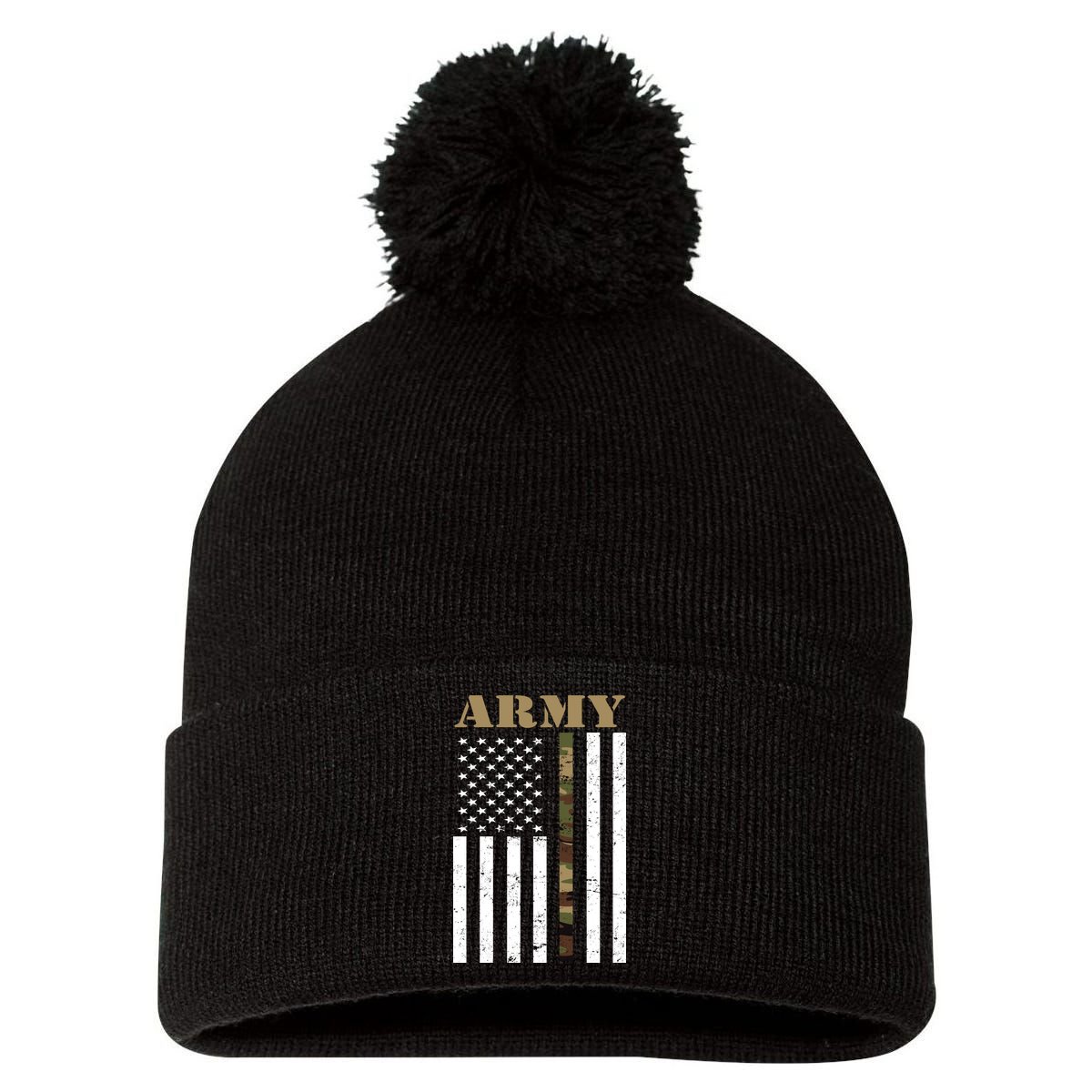 Army United States Thin Camo Line Flag Front And Back Pom Pom 12in Knit Beanie