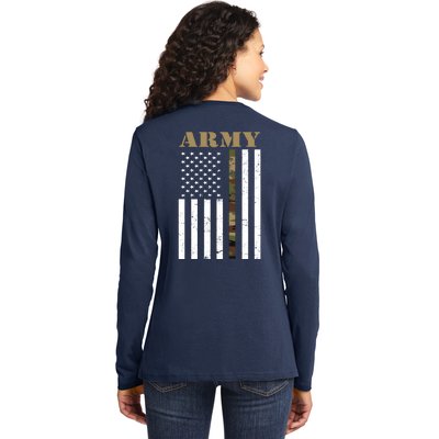 Army United States Thin Camo Line Flag Front And Back Ladies Long Sleeve Shirt