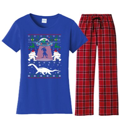 Alien Ufo Santa Elf Alien Dinosaur Bigfoot Sweater Xmas Cool Gift Women's Flannel Pajama Set