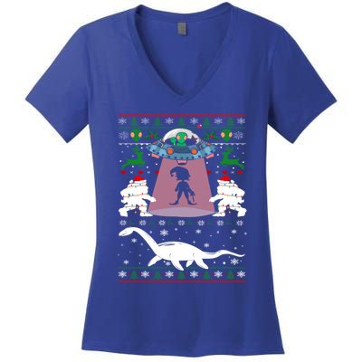 Alien Ufo Santa Elf Alien Dinosaur Bigfoot Sweater Xmas Cool Gift Women's V-Neck T-Shirt