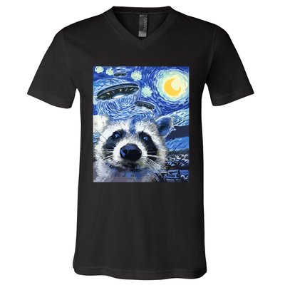 Alien Ufo Starry Night Racoon V-Neck T-Shirt