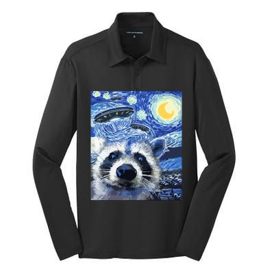 Alien Ufo Starry Night Racoon Silk Touch Performance Long Sleeve Polo