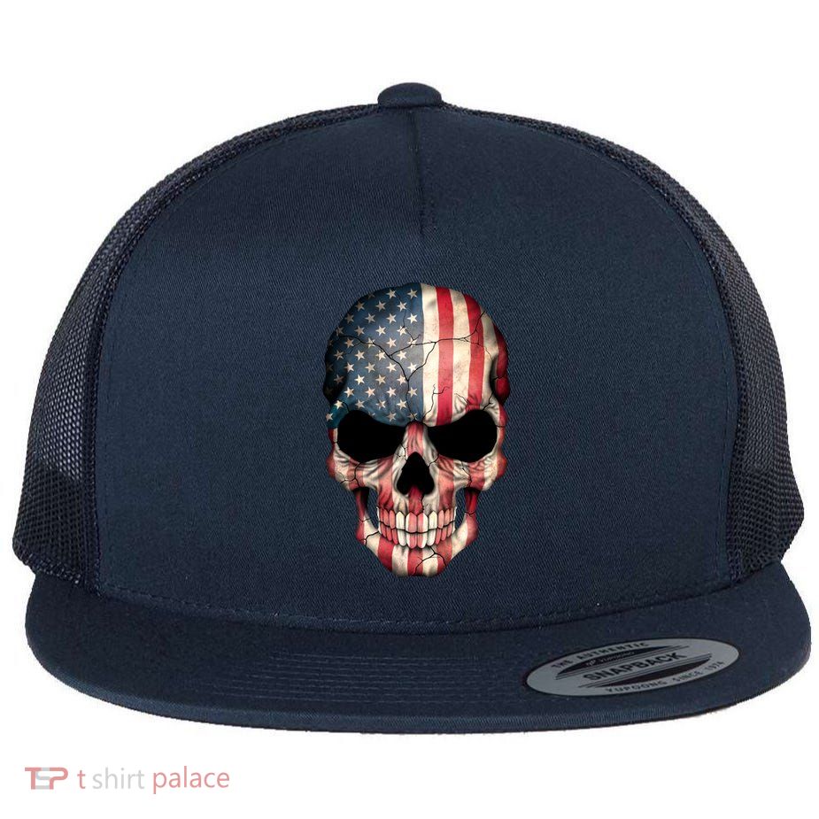 American USA Skull Grunge American Flag Flat Bill Trucker Hat