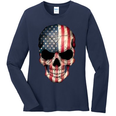 American USA Skull Grunge American Flag Ladies Long Sleeve Shirt
