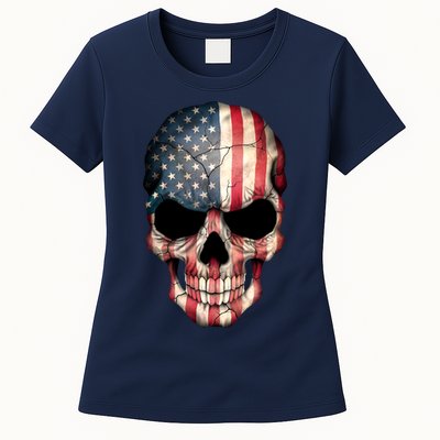 American USA Skull Grunge American Flag Womens T-Shirt