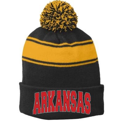 Arkansas Usa State Ar Varsity Style Vintage Sports Stripe Pom Pom Beanie