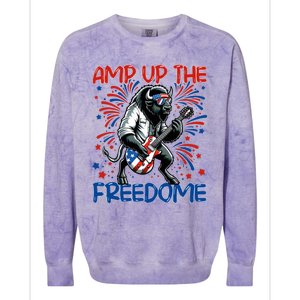 Amp Up The Freedome Rock Guitar 4th Of July Patriotic Bison Gift Colorblast Crewneck Sweatshirt