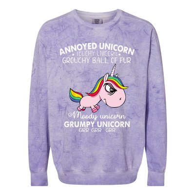 Annoyed Unicorn Touchy Unicorn Grouchy Ball Of Fur Colorblast Crewneck Sweatshirt