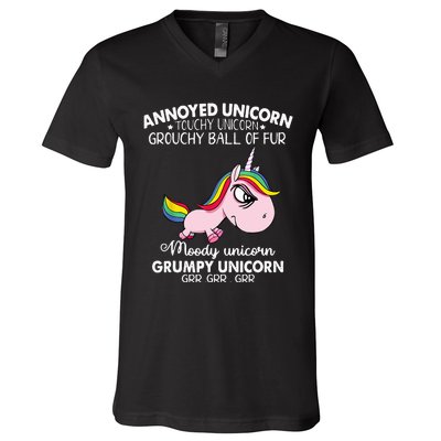 Annoyed Unicorn Touchy Unicorn Grouchy Ball Of Fur V-Neck T-Shirt