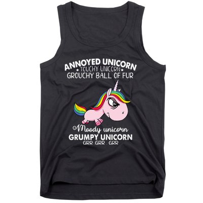 Annoyed Unicorn Touchy Unicorn Grouchy Ball Of Fur Tank Top