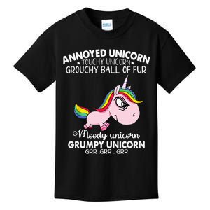 Annoyed Unicorn Touchy Unicorn Grouchy Ball Of Fur Kids T-Shirt