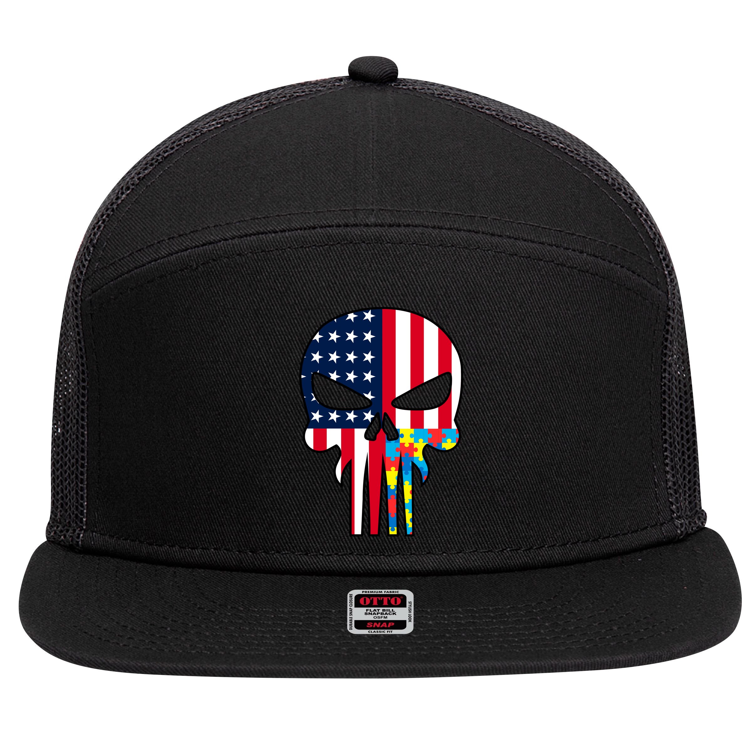 Autism Awareness American Skull 7 Panel Mesh Trucker Snapback Hat