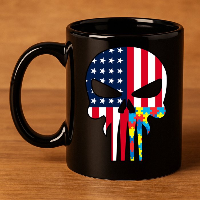 Autism Awareness American Skull 11oz C Handle Ceramic Mug
