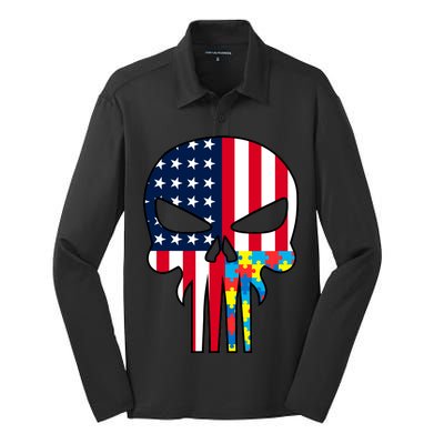 Autism Awareness American Skull Silk Touch Performance Long Sleeve Polo