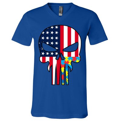 Autism Awareness American Skull V-Neck T-Shirt