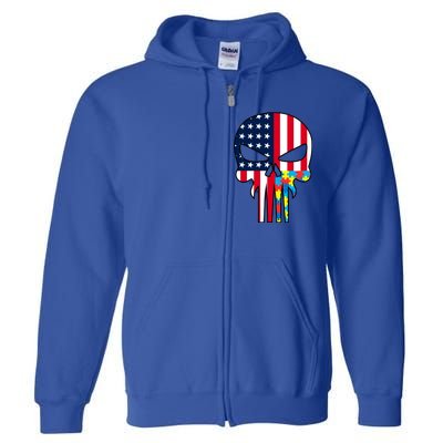 Autism Awareness American Skull Full Zip Hoodie