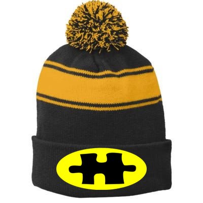 Autism Awareness Bat Puzzle Logo Stripe Pom Pom Beanie