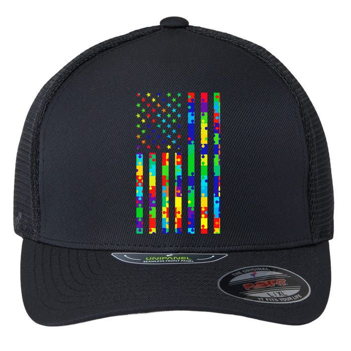 Autism Awareness Colorful Puzzle Flag Flexfit Unipanel Trucker Cap