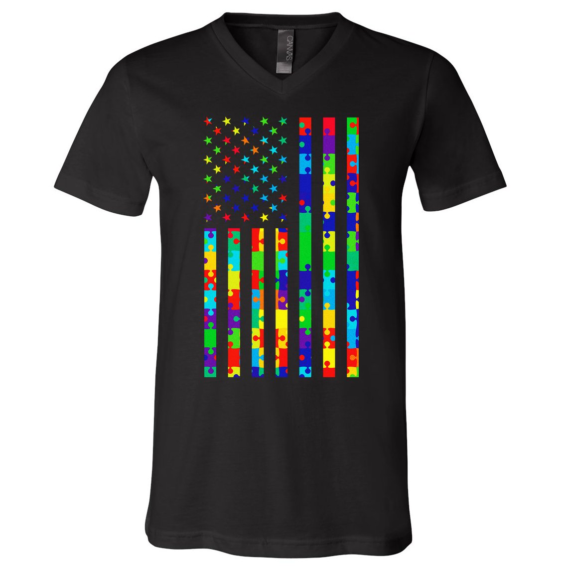 Autism Awareness Colorful Puzzle Flag V-Neck T-Shirt