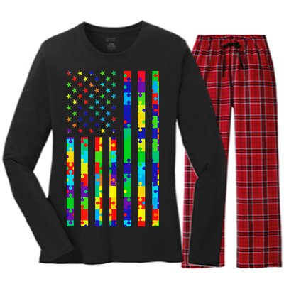 Autism Awareness Colorful Puzzle Flag Women's Long Sleeve Flannel Pajama Set 