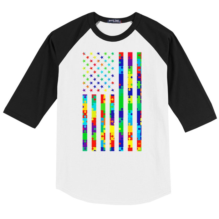 Autism Awareness Colorful Puzzle Flag Baseball Sleeve Shirt