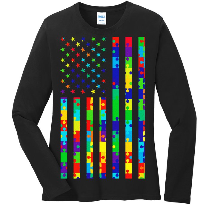 Autism Awareness Colorful Puzzle Flag Ladies Long Sleeve Shirt