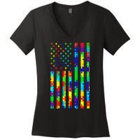 Autism Awareness Colorful Puzzle Flag Women's V-Neck T-Shirt