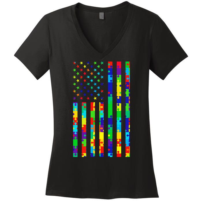 Autism Awareness Colorful Puzzle Flag Women's V-Neck T-Shirt