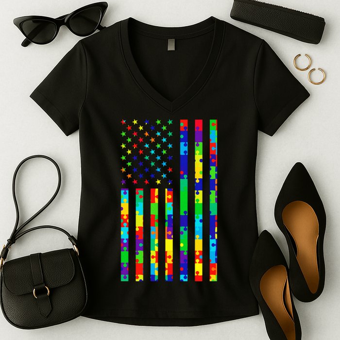Autism Awareness Colorful Puzzle Flag Women's V-Neck T-Shirt