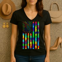 Autism Awareness Colorful Puzzle Flag Women's V-Neck T-Shirt