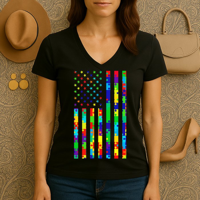 Autism Awareness Colorful Puzzle Flag Women's V-Neck T-Shirt