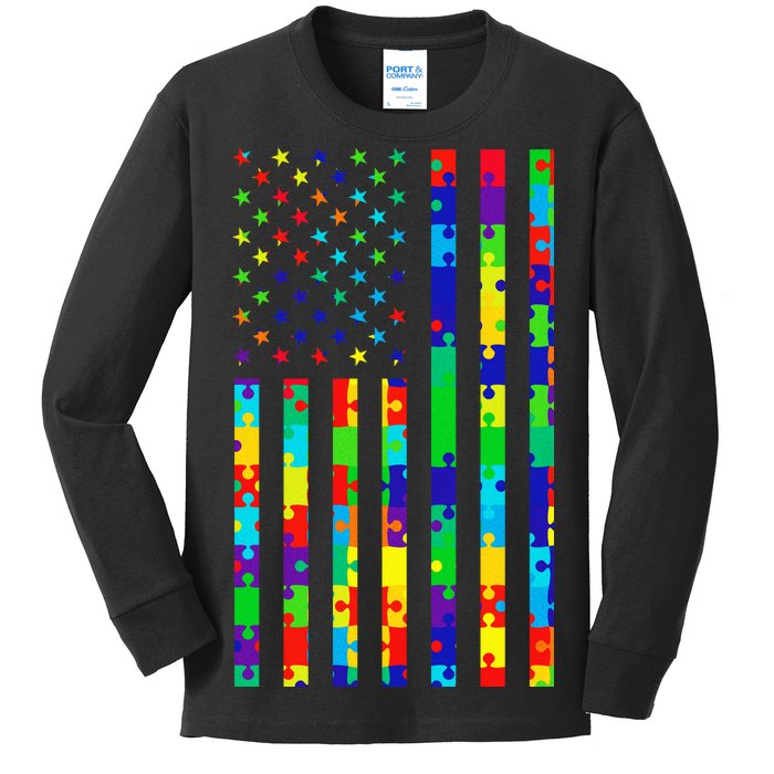 Autism Awareness Colorful Puzzle Flag Kids Long Sleeve Shirt