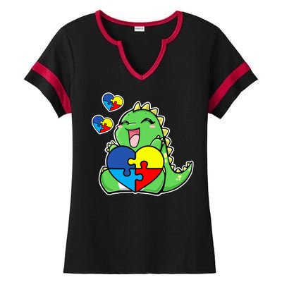 Autism Awareness Cute Dinosaur Puzzle Piece Ladies Halftime Notch Neck Tee