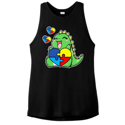 Autism Awareness Cute Dinosaur Puzzle Piece Ladies PosiCharge Tri-Blend Wicking Tank