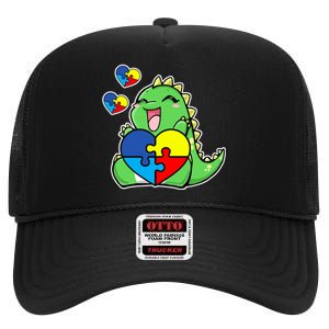 Autism Awareness Cute Dinosaur Puzzle Piece High Crown Mesh Back Trucker Hat