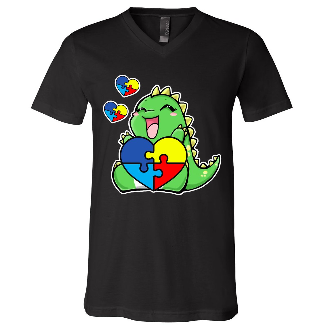 Autism Awareness Cute Dinosaur Puzzle Piece V-Neck T-Shirt