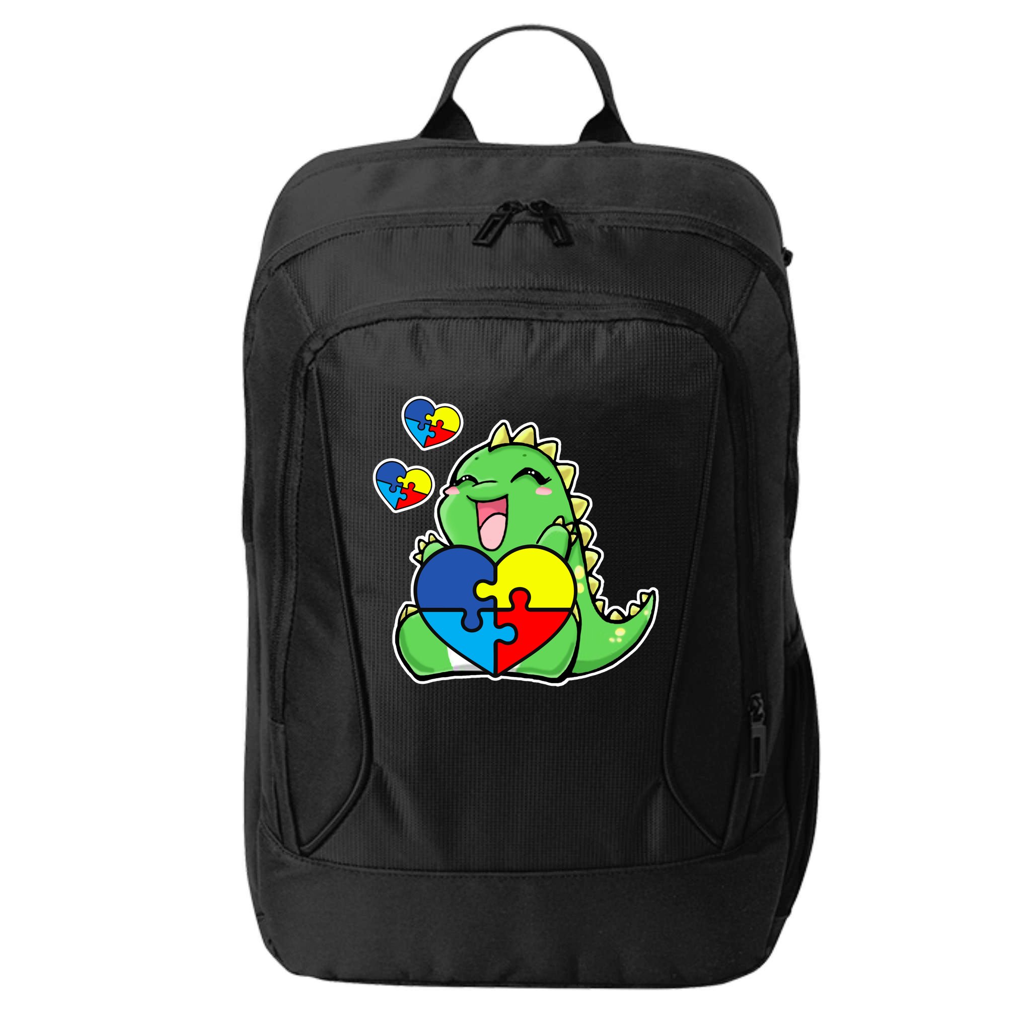Autism Awareness Cute Dinosaur Puzzle Piece City Backpack