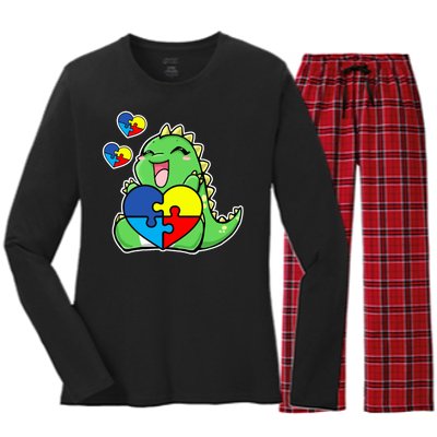 Autism Awareness Cute Dinosaur Puzzle Piece Women's Long Sleeve Flannel Pajama Set 