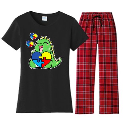 Autism Awareness Cute Dinosaur Puzzle Piece Women's Flannel Pajama Set