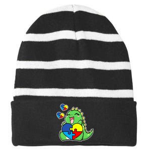 Autism Awareness Cute Dinosaur Puzzle Piece Striped Beanie with Solid Band