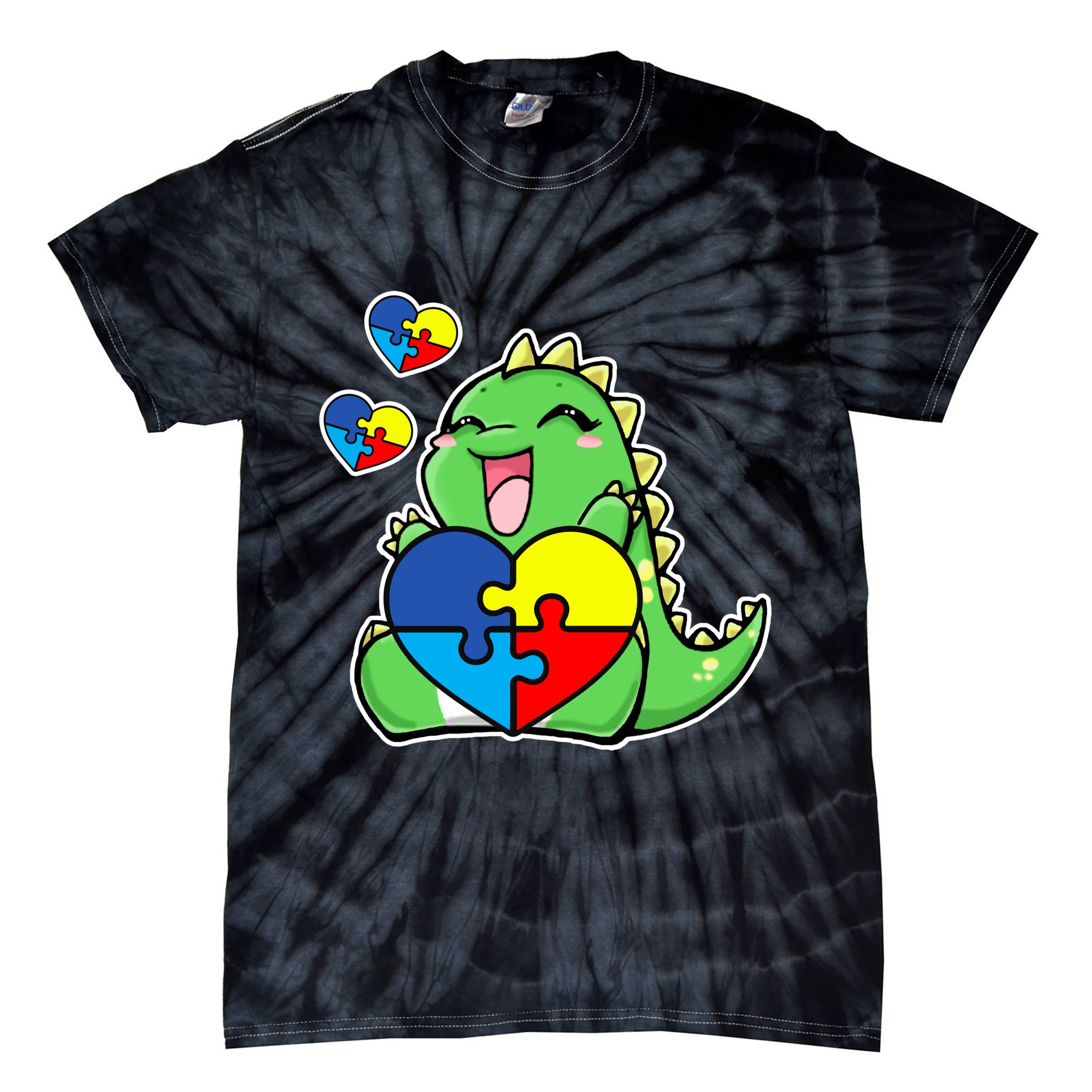 Autism Awareness Cute Dinosaur Puzzle Piece Tie-Dye T-Shirt