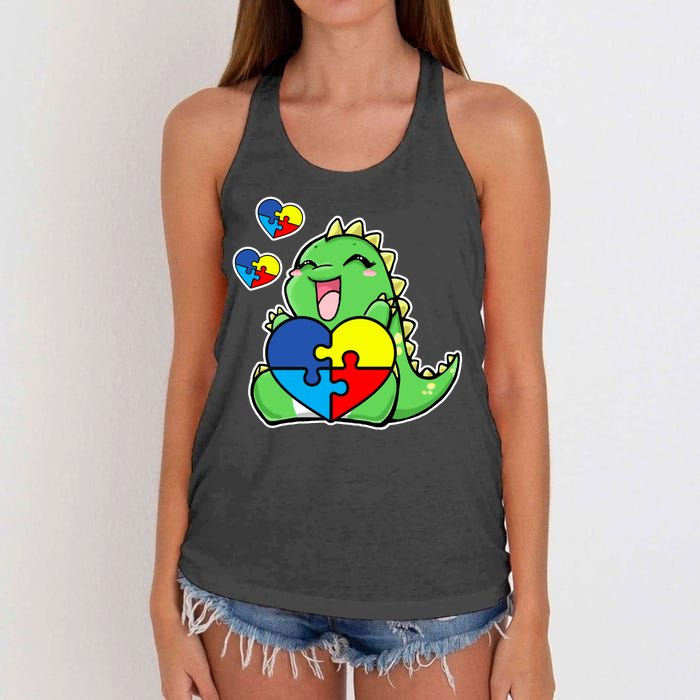 Autism Awareness Cute Dinosaur Puzzle Piece Women's Knotted Racerback Tank