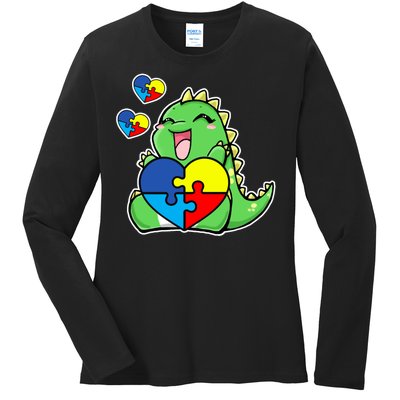 Autism Awareness Cute Dinosaur Puzzle Piece Ladies Long Sleeve Shirt