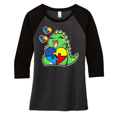 Autism Awareness Cute Dinosaur Puzzle Piece Women's Tri-Blend 3/4-Sleeve Raglan Shirt